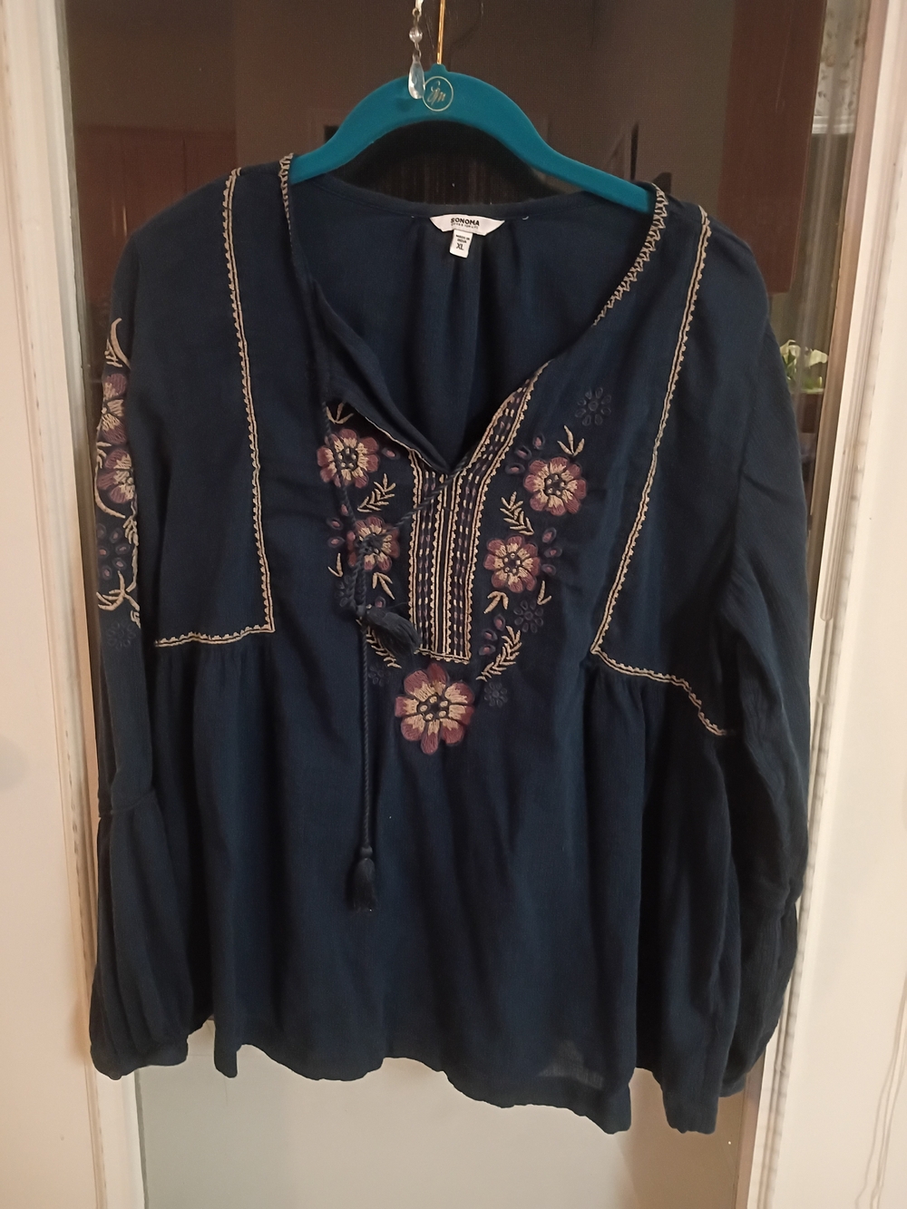 Sonoma Navy Floral Embroidered Tunic with Tassel Tie
